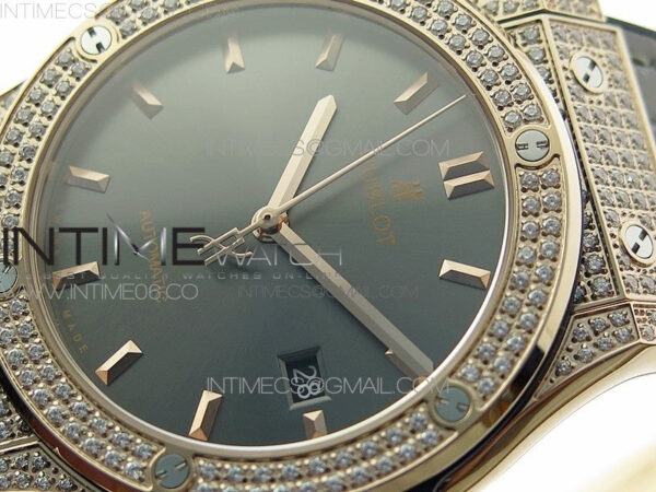 Classic Fusion 42mm RG Paved Diamonds Case/Bezel B50F Gray Dial On Gray Gummy Strap A2892 - Image 4