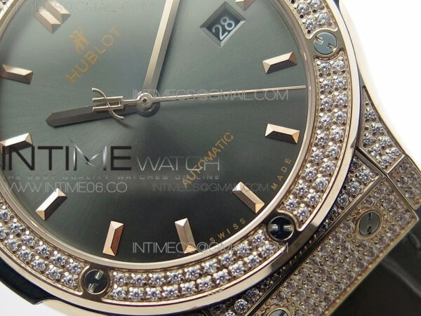 Classic Fusion 42mm RG Paved Diamonds Case/Bezel B50F Gray Dial On Gray Gummy Strap A2892 - Image 5