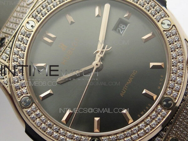 Classic Fusion 42mm RG Paved Diamonds Case/Bezel B50F Gray Dial On Gray Gummy Strap A2892 - Image 7