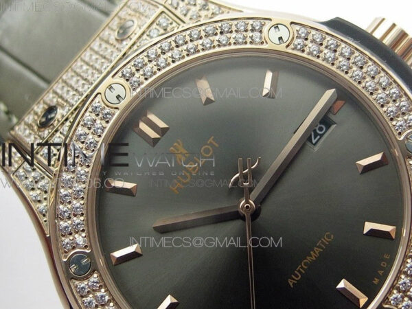 Classic Fusion 42mm RG Paved Diamonds Case/Bezel B50F Gray Dial On Gray Gummy Strap A2892 - Image 8