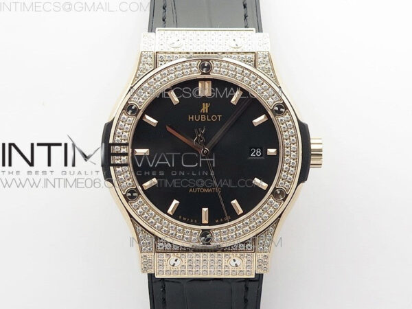 Classic Fusion 42mm RG Paved Diamonds Case/Bezel B50F Black Dial On Black Gummy Strap A2892