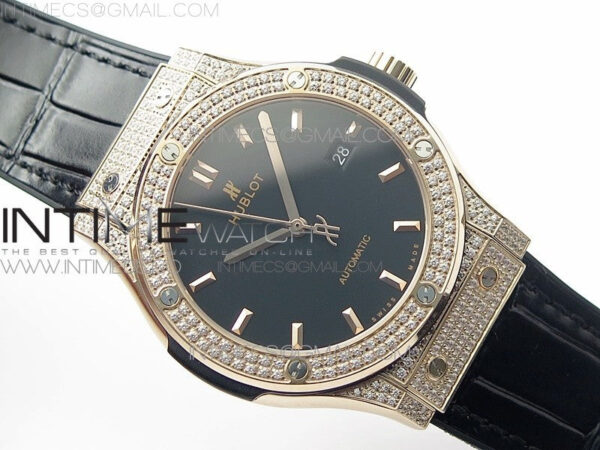 Classic Fusion 42mm RG Paved Diamonds Case/Bezel B50F Black Dial On Black Gummy Strap A2892 - Image 2