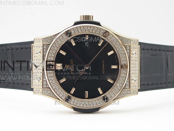 Classic Fusion 42mm RG Paved Diamonds Case/Bezel B50F Black Dial On Black Gummy Strap A2892 - Image 3