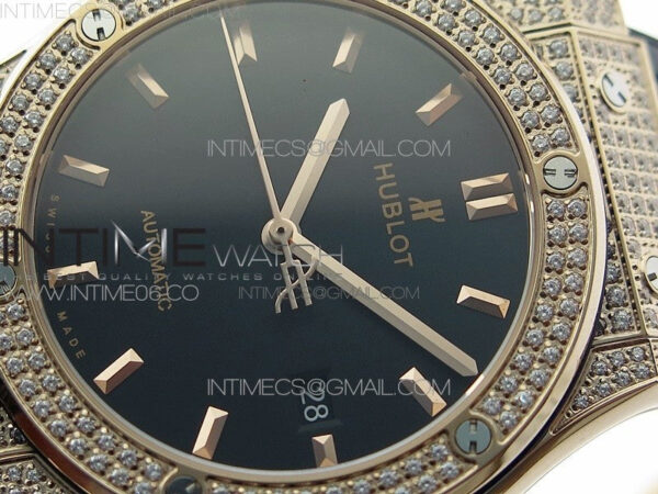 Classic Fusion 42mm RG Paved Diamonds Case/Bezel B50F Black Dial On Black Gummy Strap A2892 - Image 4