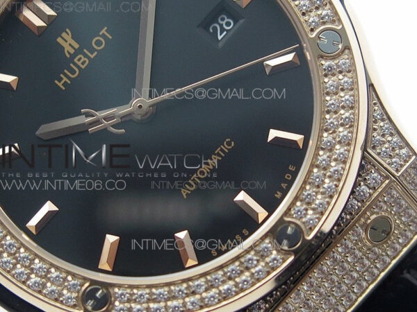Classic Fusion 42mm RG Paved Diamonds Case/Bezel B50F Black Dial On Black Gummy Strap A2892 - Image 5