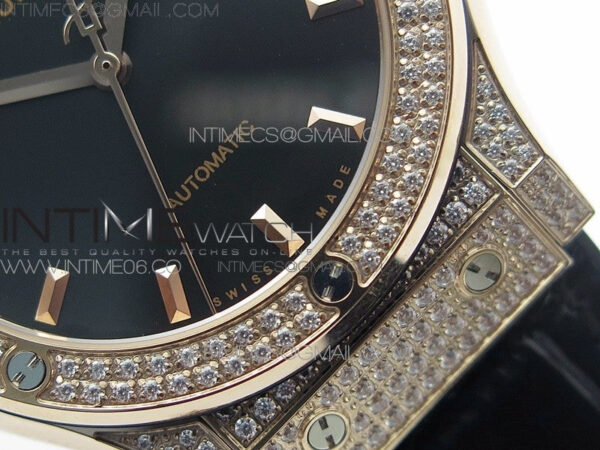 Classic Fusion 42mm RG Paved Diamonds Case/Bezel B50F Black Dial On Black Gummy Strap A2892 - Image 6