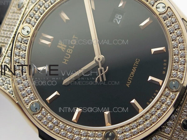 Classic Fusion 42mm RG Paved Diamonds Case/Bezel B50F Black Dial On Black Gummy Strap A2892 - Image 7