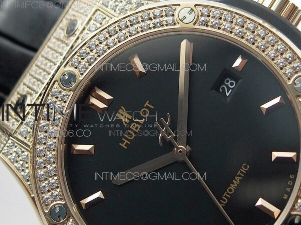 Classic Fusion 42mm RG Paved Diamonds Case/Bezel B50F Black Dial On Black Gummy Strap A2892 - Image 8