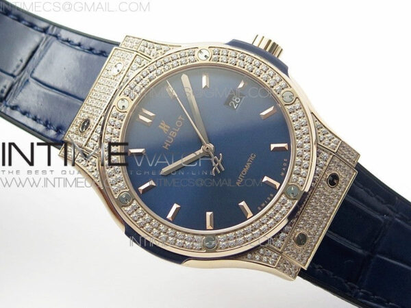 Classic Fusion 42mm RG Paved Diamonds Case/Bezel B50F Blue Dial On Blue Gummy Strap A2892 - Image 2