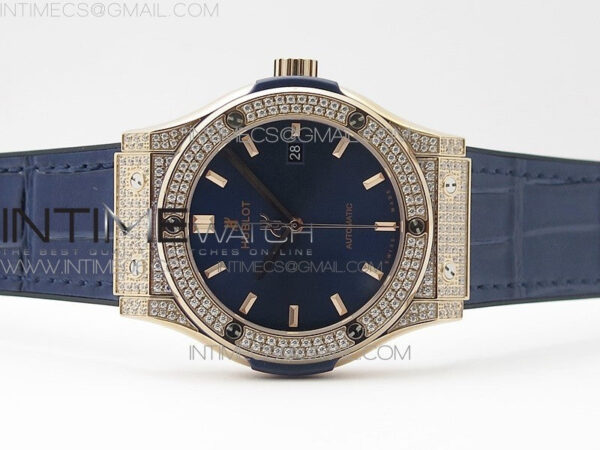 Classic Fusion 42mm RG Paved Diamonds Case/Bezel B50F Blue Dial On Blue Gummy Strap A2892 - Image 3