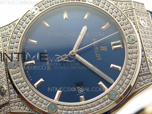 Classic Fusion 42mm RG Paved Diamonds Case/Bezel B50F Blue Dial On Blue Gummy Strap A2892 - Image 4