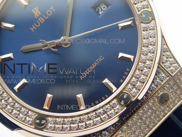 Classic Fusion 42mm RG Paved Diamonds Case/Bezel B50F Blue Dial On Blue Gummy Strap A2892 - Image 5