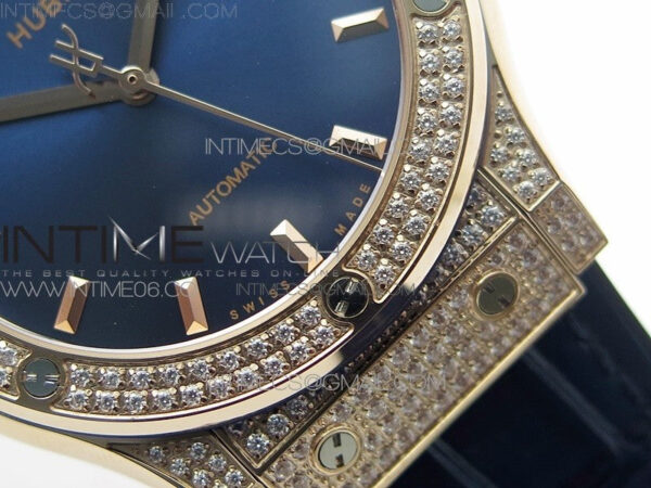 Classic Fusion 42mm RG Paved Diamonds Case/Bezel B50F Blue Dial On Blue Gummy Strap A2892 - Image 6