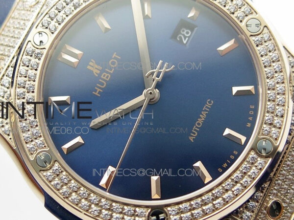 Classic Fusion 42mm RG Paved Diamonds Case/Bezel B50F Blue Dial On Blue Gummy Strap A2892 - Image 7