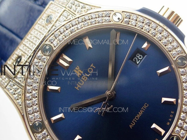 Classic Fusion 42mm RG Paved Diamonds Case/Bezel B50F Blue Dial On Blue Gummy Strap A2892 - Image 8