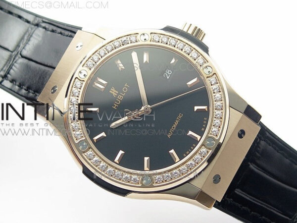 Classic Fusion 42mm RG Paved Diamonds Bezel B50F Black Dial On Black Gummy Strap A2892 - Image 2