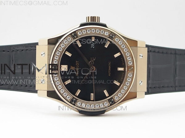 Classic Fusion 42mm RG Paved Diamonds Bezel B50F Black Dial On Black Gummy Strap A2892 - Image 3