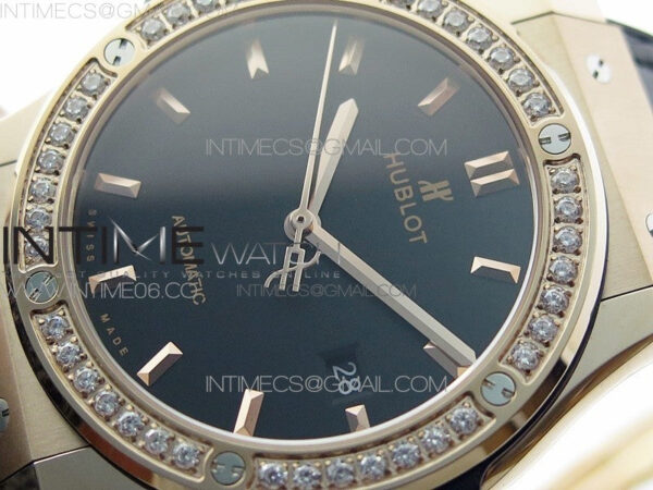 Classic Fusion 42mm RG Paved Diamonds Bezel B50F Black Dial On Black Gummy Strap A2892 - Image 4