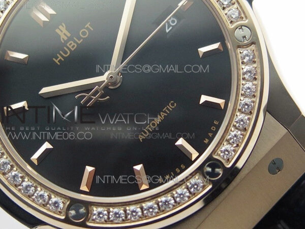 Classic Fusion 42mm RG Paved Diamonds Bezel B50F Black Dial On Black Gummy Strap A2892 - Image 5