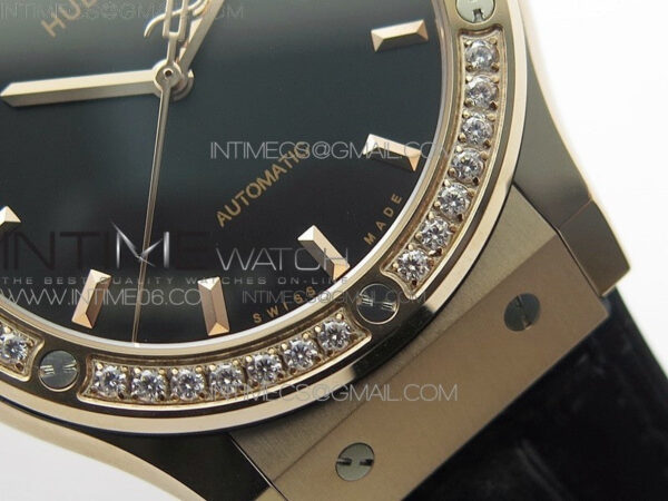 Classic Fusion 42mm RG Paved Diamonds Bezel B50F Black Dial On Black Gummy Strap A2892 - Image 6