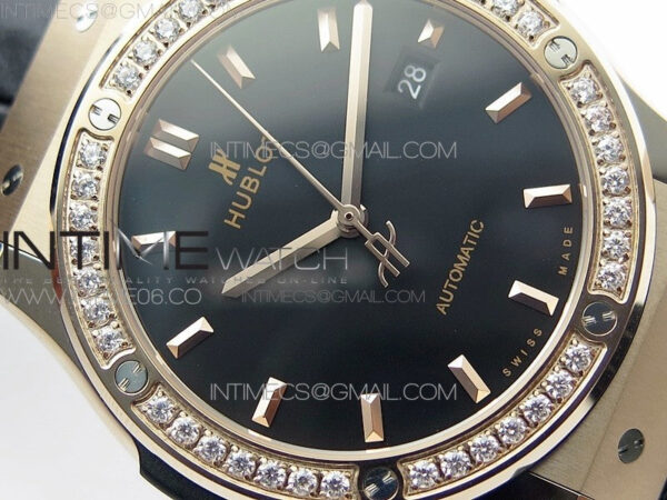 Classic Fusion 42mm RG Paved Diamonds Bezel B50F Black Dial On Black Gummy Strap A2892 - Image 7