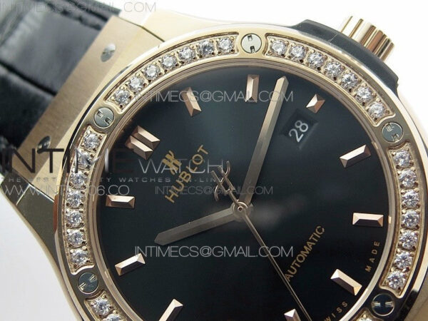Classic Fusion 42mm RG Paved Diamonds Bezel B50F Black Dial On Black Gummy Strap A2892 - Image 8