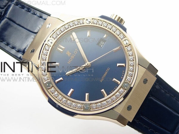 Classic Fusion 42mm RG Paved Diamonds Bezel B50F Blue Dial On Blue Gummy Strap A2892 - Image 2