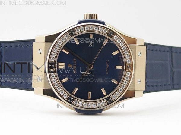 Classic Fusion 42mm RG Paved Diamonds Bezel B50F Blue Dial On Blue Gummy Strap A2892 - Image 3