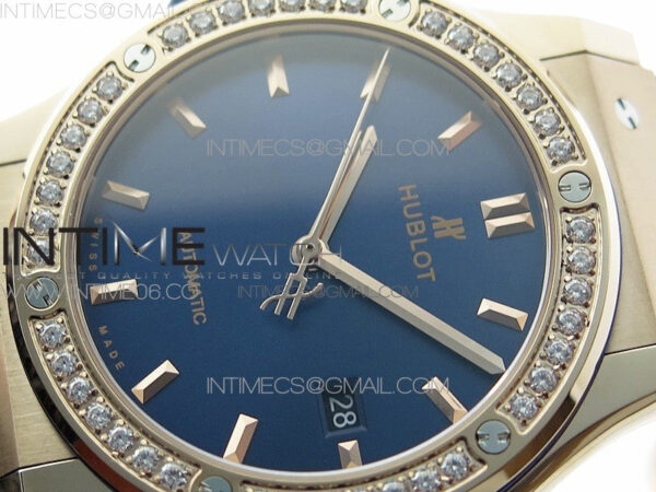 Classic Fusion 42mm RG Paved Diamonds Bezel B50F Blue Dial On Blue Gummy Strap A2892 - Image 4