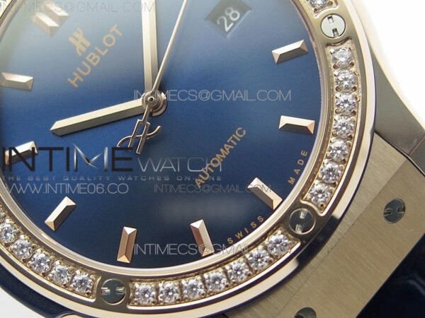Classic Fusion 42mm RG Paved Diamonds Bezel B50F Blue Dial On Blue Gummy Strap A2892 - Image 5