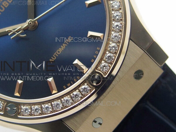 Classic Fusion 42mm RG Paved Diamonds Bezel B50F Blue Dial On Blue Gummy Strap A2892 - Image 6