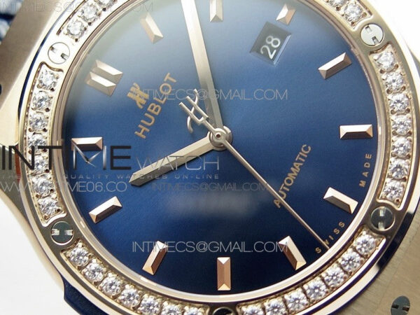 Classic Fusion 42mm RG Paved Diamonds Bezel B50F Blue Dial On Blue Gummy Strap A2892 - Image 7