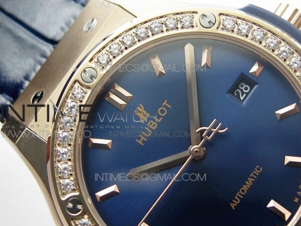 Classic Fusion 42mm RG Paved Diamonds Bezel B50F Blue Dial On Blue Gummy Strap A2892 - Image 8