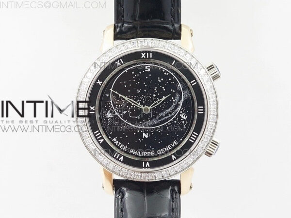 6104P Moon RG Black Dial Diamond Bezel on Black Leather Strap A240 V2