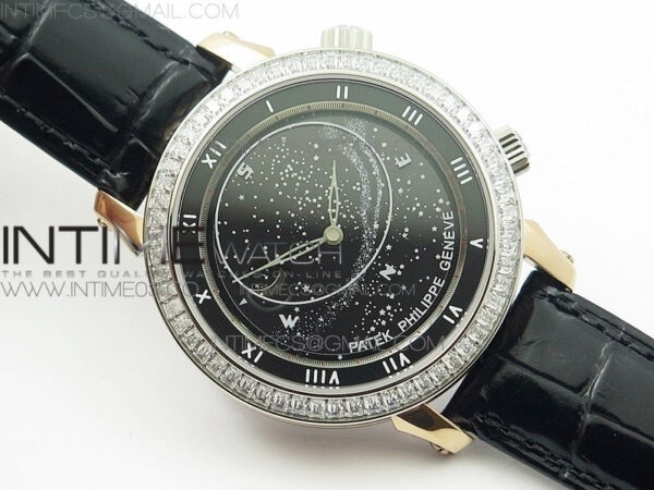 6104P Moon RG Black Dial Diamond Bezel on Black Leather Strap A240 V2 - Image 2