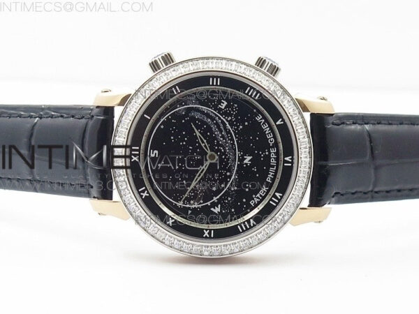 6104P Moon RG Black Dial Diamond Bezel on Black Leather Strap A240 V2 - Image 3