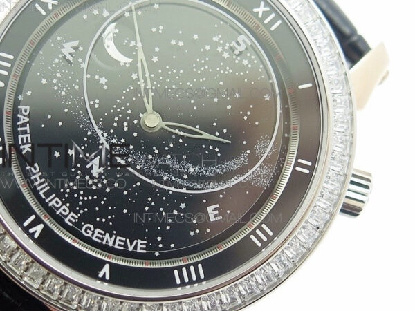 6104P Moon RG Black Dial Diamond Bezel on Black Leather Strap A240 V2 - Image 4