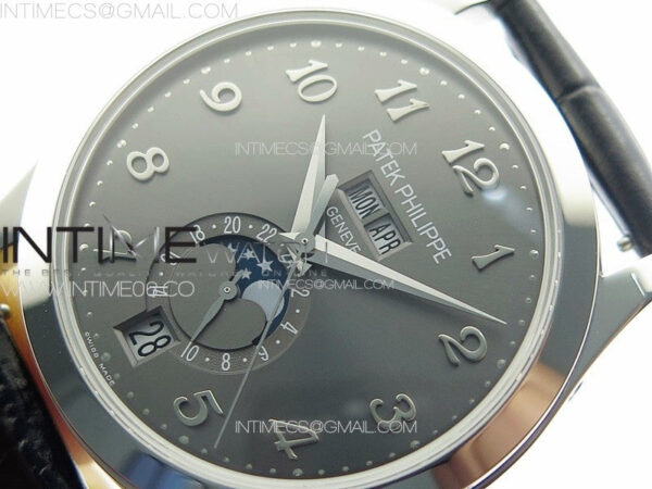 Annual Calendar Moonphase 5396 SS PPF 1:1 Best Edition Gray Dial on Black Leather Strap PPF324 - Image 4