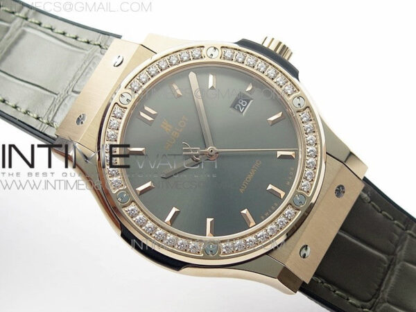 Classic Fusion 42mm RG Paved Diamonds Bezel B50F Gray Dial On Gray Gummy Strap A2892 - Image 2