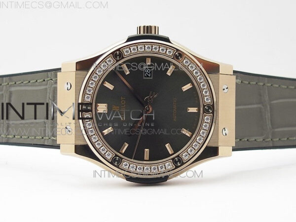 Classic Fusion 42mm RG Paved Diamonds Bezel B50F Gray Dial On Gray Gummy Strap A2892 - Image 3