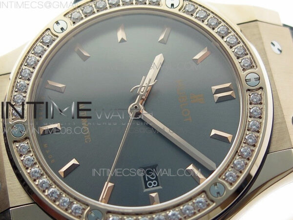 Classic Fusion 42mm RG Paved Diamonds Bezel B50F Gray Dial On Gray Gummy Strap A2892 - Image 4