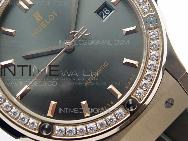 Classic Fusion 42mm RG Paved Diamonds Bezel B50F Gray Dial On Gray Gummy Strap A2892 - Image 5