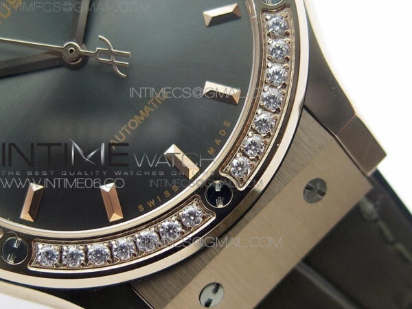 Classic Fusion 42mm RG Paved Diamonds Bezel B50F Gray Dial On Gray Gummy Strap A2892 - Image 6