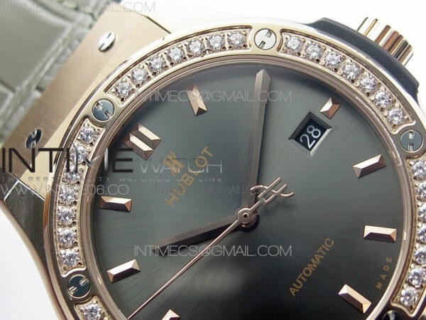 Classic Fusion 42mm RG Paved Diamonds Bezel B50F Gray Dial On Gray Gummy Strap A2892 - Image 8