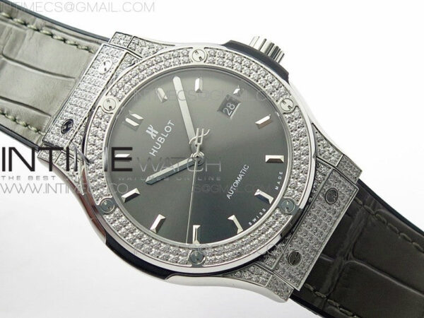 Classic Fusion 42mm SS Paved Diamonds Case/Bezel B50F Gray Dial On Gray Gummy Strap A2892 - Image 2