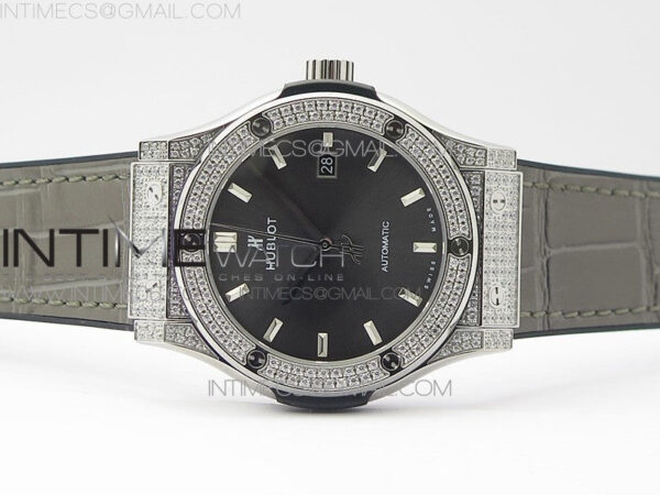 Classic Fusion 42mm SS Paved Diamonds Case/Bezel B50F Gray Dial On Gray Gummy Strap A2892 - Image 3