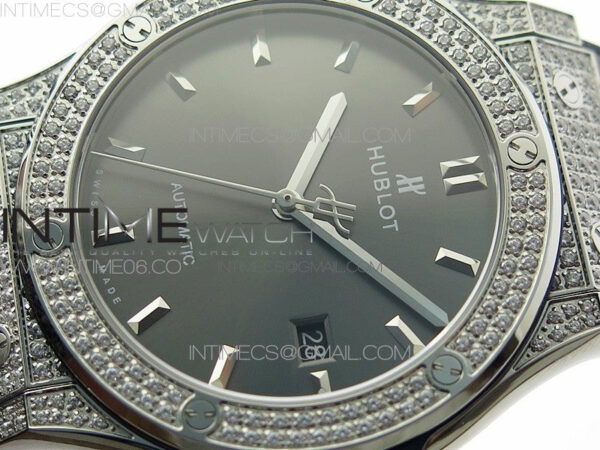 Classic Fusion 42mm SS Paved Diamonds Case/Bezel B50F Gray Dial On Gray Gummy Strap A2892 - Image 4