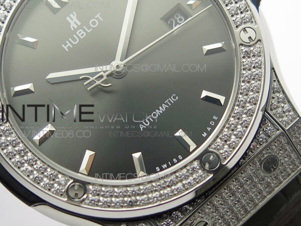 Classic Fusion 42mm SS Paved Diamonds Case/Bezel B50F Gray Dial On Gray Gummy Strap A2892 - Image 5