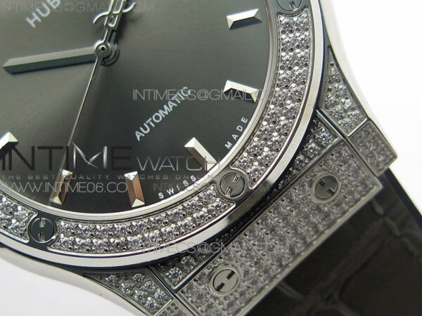 Classic Fusion 42mm SS Paved Diamonds Case/Bezel B50F Gray Dial On Gray Gummy Strap A2892 - Image 6