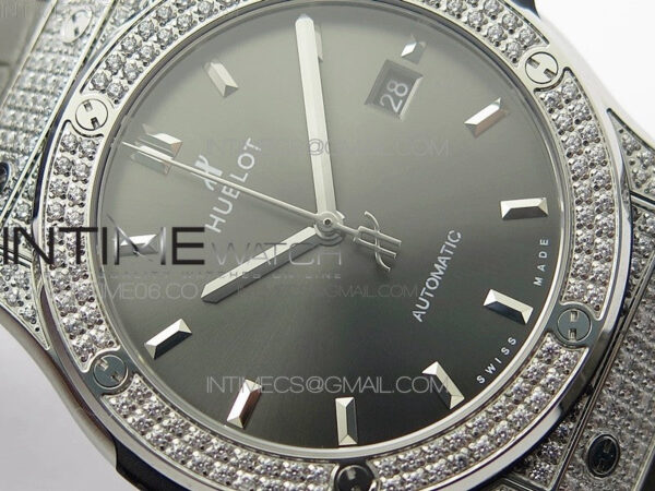 Classic Fusion 42mm SS Paved Diamonds Case/Bezel B50F Gray Dial On Gray Gummy Strap A2892 - Image 7